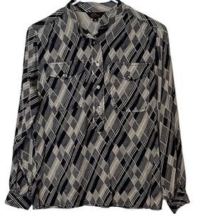 L.L.Bean womens blouse‎ 6P 100% silk black label artsy chest pockets button cuff